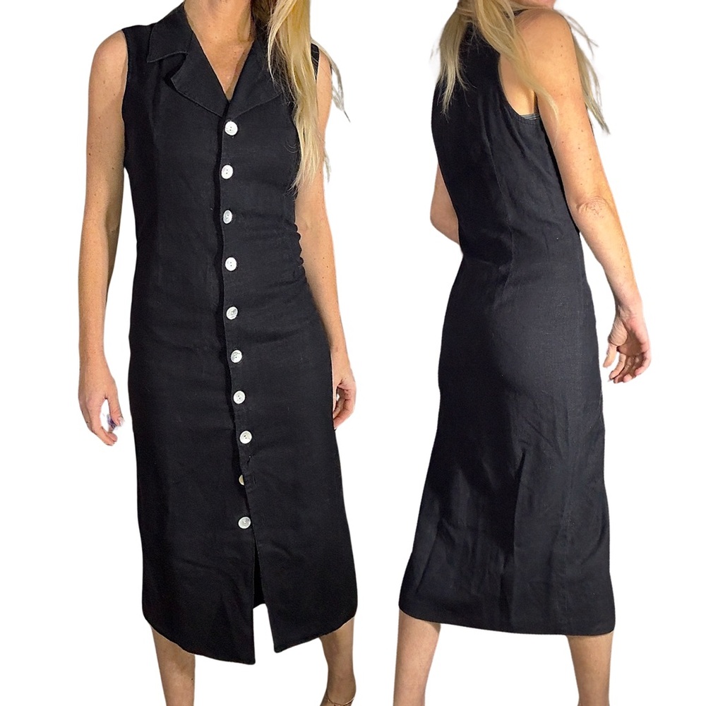 VINTAGE 90S CAROL ANDERSON V-Neck Button Down Linen Dress w/‎ Abalone Buttons